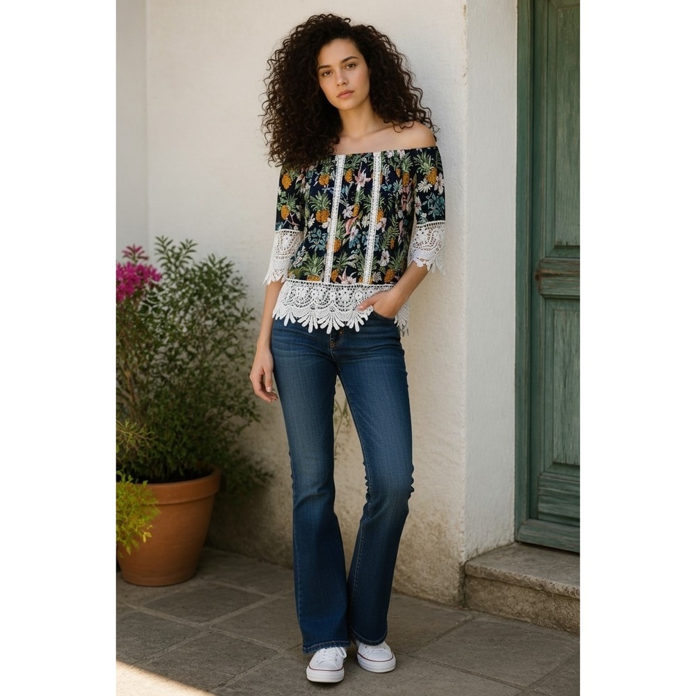 Red Leaf Women Navy Tropical Pineapple Floral Lace Off Shoulder Blouse Small